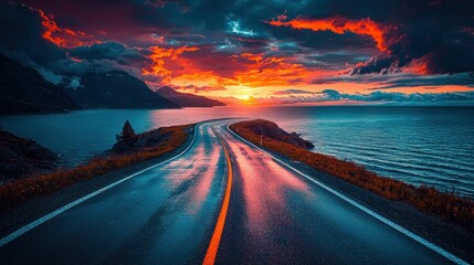 Winding road at sunset over water. Dramatic clouds