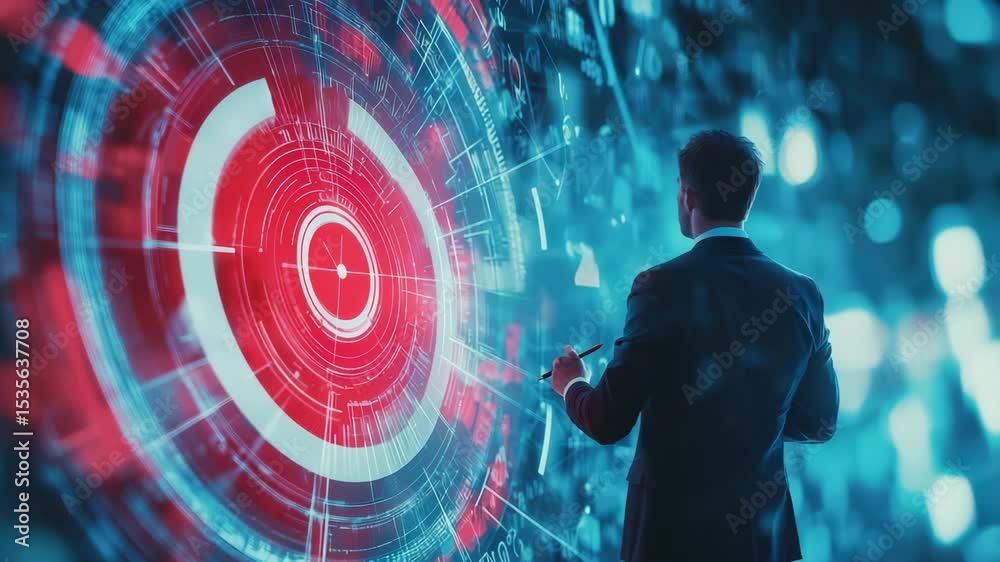 Poster A man in a suit interacts with a glowing digital target interface in a futuristic, high-tech environment.