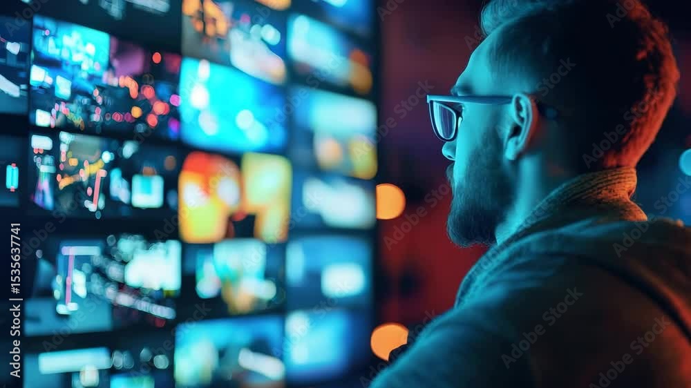 Poster a man with glasses intently observes multiple brightly-lit screens in a modern, digital environment.