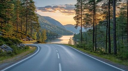 Obraz premium Winding road through scenic valley at sunset