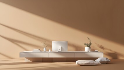 A minimalist living space showcases a modern entertainment center, plants, and decor.