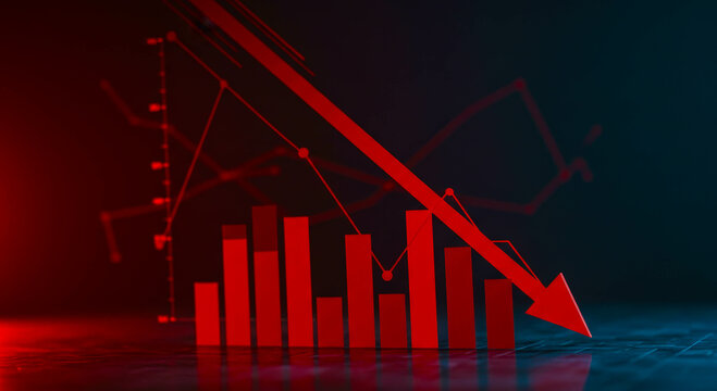 Red arrow pointing downward on financial bar chart. Business decline chart with falling trend. Digital stock market data visualization for crisis.