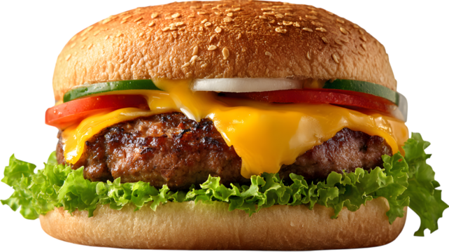 Delicious close up of a classic cheeseburger featuring juicy beef melted cheese fresh vegetables and sesame seed bun