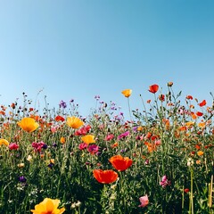 Vibrant Field of Colorful Wildflowers Against a Clear Blue Sky