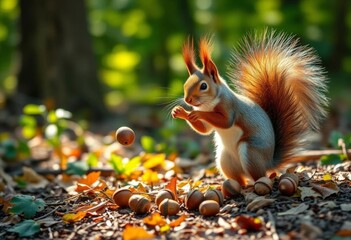 A fluffy-tailed squirrel expertly tosses acorns, sunlight dappling the forest floor, outdoor, adorable