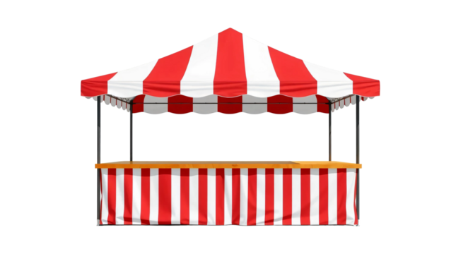 Empty red and white striped canopy market stall for outdoor events and exhibitions isolated on transparent background
