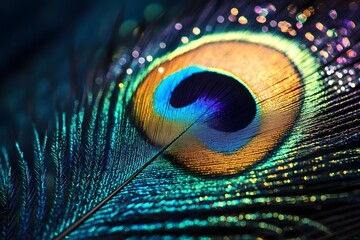Obraz premium Detailed Macro Shot of a Peacock Feather's Vibrant Colors and Texture