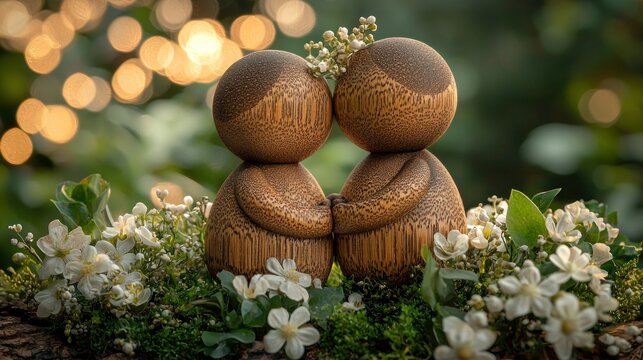Wooden couple figurines, embracing, surrounded by flowers and bokeh