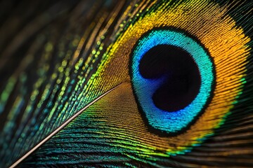 Obraz premium Intricate Peacock Feather Detail: Vibrant Colors and Textured Close-Up View