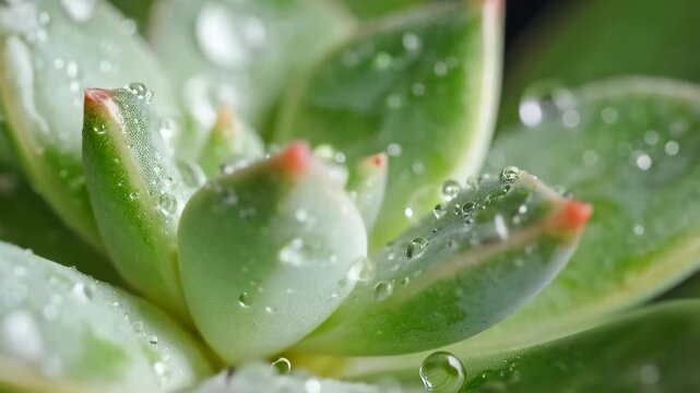 Succulent plant rosette with water droplets on the green leaves, close-up macro of plant foliage, leaf detail with dew.