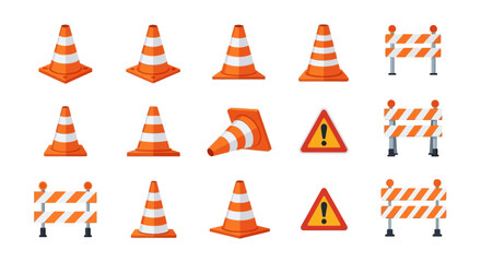 Construction Safety Icons Traffic Cones, Barriers, and Warning Signs