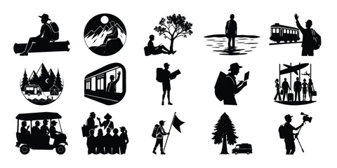 Adventure Travel Icons Silhouettes of Travelers, Landscapes, and Transportation
