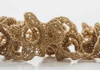 Obraz premium Abstract 3D organic textured shape with intricate porous structure. Microscopic view of spongy material with interconnected cells.