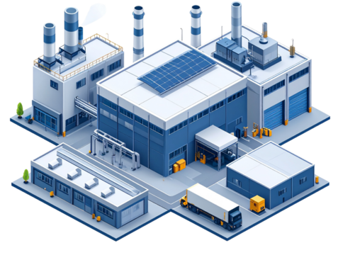 Modern Manufacturing Plant Illustration, Isometric AI Art, White Background - Powered by Adobe