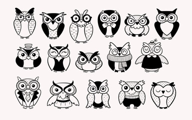 Cute hand-drawn owl character design collection, perfect for sticker design, prints, and crafting projects. A total of 16 different owls. Vector illustration.