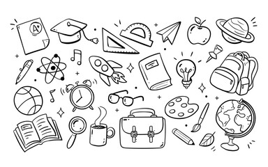 Cute hand-drawn Back to School doodle background and isolated items, perfect for surface design, prints, and crafting projects. A total of 28 different items. Vector illustration.