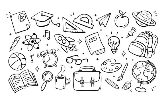 Cute hand-drawn Back to School doodle background and isolated items, perfect for surface design, prints, and crafting projects. A total of 28 different items. Vector illustration.