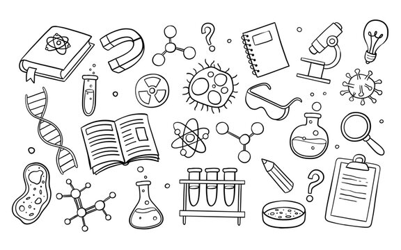 Cute hand drawn Science doodle background and isolated items, perfect for surface design, prints, and crafting projects. A total of 25 different items. Vector illustration.