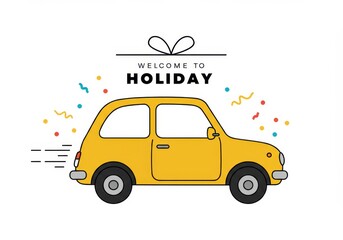 Obraz premium A cute yellow car speeds toward a holiday vacation, isolated on white background
