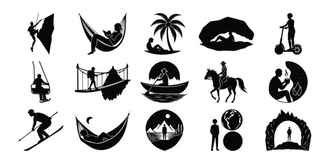 Fototapeta premium Collection of Silhouette Icons Adventure, Relaxation, and Travel