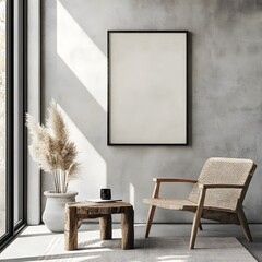 Minimalist Interior with Sunlight, Pampas Grass, and Woven Chair, Blank Canvas