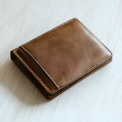 Close-up of a Brown Leather Wallet with White Stitching on a Wooden Surface