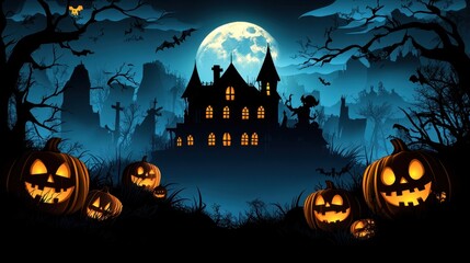 Halloween night scene featuring glowing jack o lanterns in foreground, haunted house silhouette under a full moon, bats, and spooky trees creating a festive, eerie atmosphere.