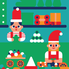 Naklejka premium Geometric Christmas Elves Making Toys in Workshop with Colorful Flat Design