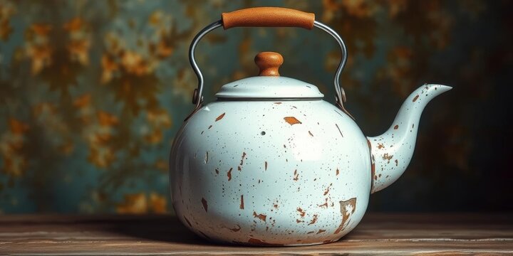 Aged enamelware tea kettle, chipped paint, rustic charm,  chipped,   vintage home decor