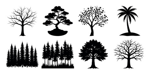 row-of-identical-pine-trees-as-silhouettes-on-whit background