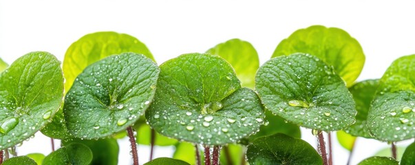 Fresh green gotu kola leaves covered with water droplets against a white background.
