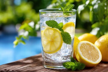 Refreshing lemon and mint drink served in a glass on a sunny day outdoors