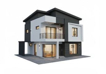 A contemporary two story house is isolated on white background, featuring a minimalist design with white and black walls, large glass windows, and a flat roof