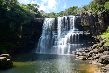 Majestic Waterfall Cascading into a Serene Pool Surrounded by Lush Greenery