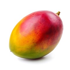 Close up photograph of a whole, ripe mango on a white background