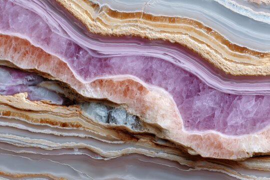 Multicolor banded agate slab with translucent layers and purple crystal core