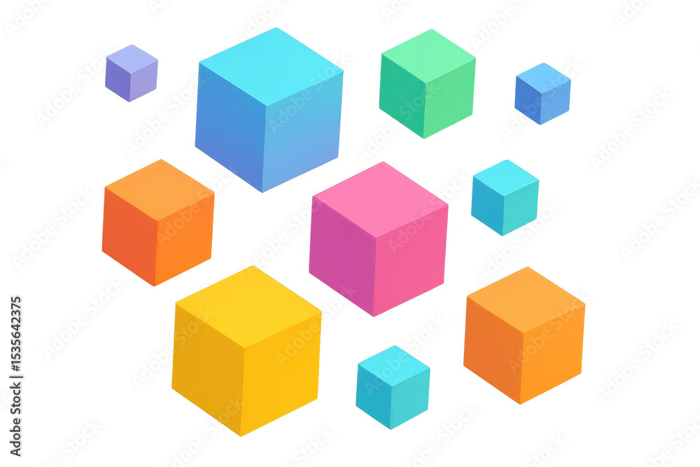 Aufkleber Multicolored cubes of different sizes floating on a transparent background, creating a vibrant and dynamic visual