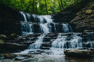 Fototapeta premium Cascading Waterfall in Lush Forest with Dark Rocks and Flowing Water