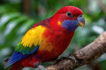 Colorful parrot perched on a branch in a tropical garden, showcasing vibrant plumage
