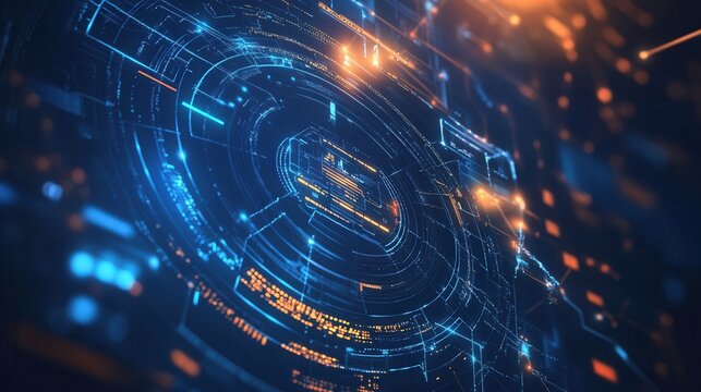 Abstract digital interface with glowing blue and orange circuits