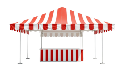Empty red and white striped canopy market stall for outdoor events and exhibitions isolated on transparent background