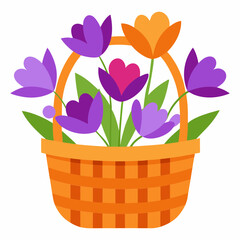 Vector art illustration of various types of flowers in a basket