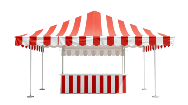 Empty red and white striped canopy market stall for outdoor events and exhibitions isolated on transparent background