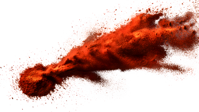 Dynamic abstract composition depicting an explosion of vibrant red paprika powder against a contrasting geometric background creating a visually engaging artistic concept.