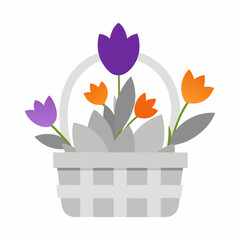 Vector art illustration of various types of flowers in a basket