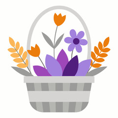 Vector art illustration of various types of flowers in a basket