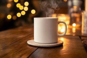 Steaming Mug on Wooden Table with Bokeh Lights and Warm Ambiance