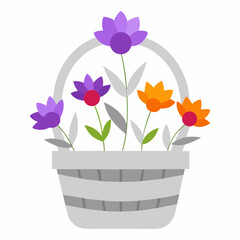 Vector art illustration of various types of flowers in a basket