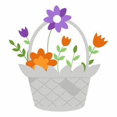 Vector art illustration of various types of flowers in a basket