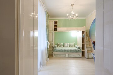 charming children's room with a bunk bed, mint green walls, and cream-colored furniture. Soft lighting and airy curtains create a cozy atmosphere